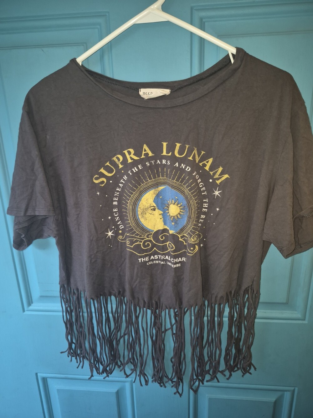 Moonchild Supra Lunam Celestial Moon Graphic Fringe Hem Crop Top XL # 210
